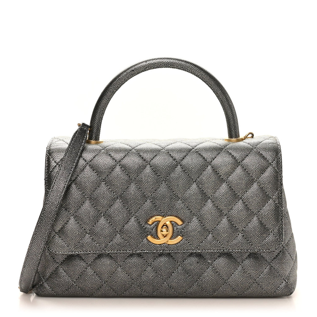 Chanel Metallic Caviar Quilted Small Coco Handle Flap Silver