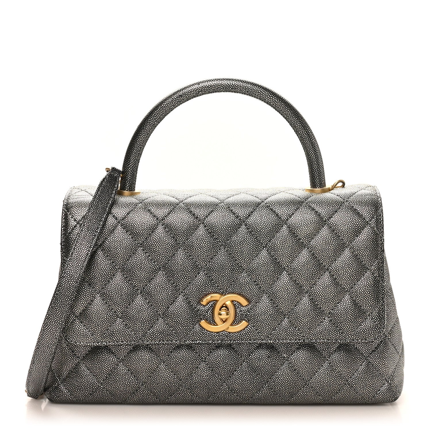 Chanel Metallic Caviar Quilted Small Coco Handle Flap Silver