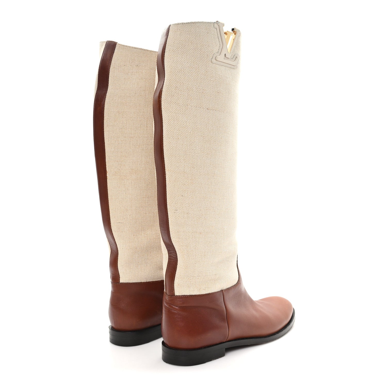 Louis Vuitton Canvas Calfskin Heritage Flat High Boots 38 Beige Brown