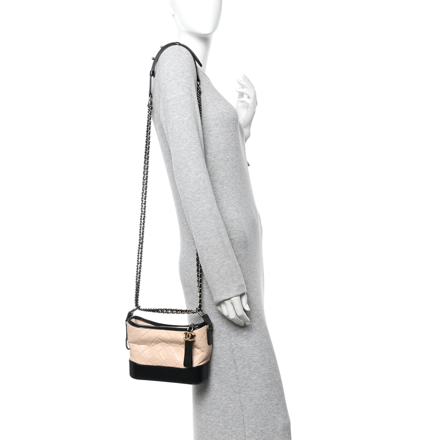 Chanel Aged Calfskin Quilted Small Gabrielle Hobo Beige Black