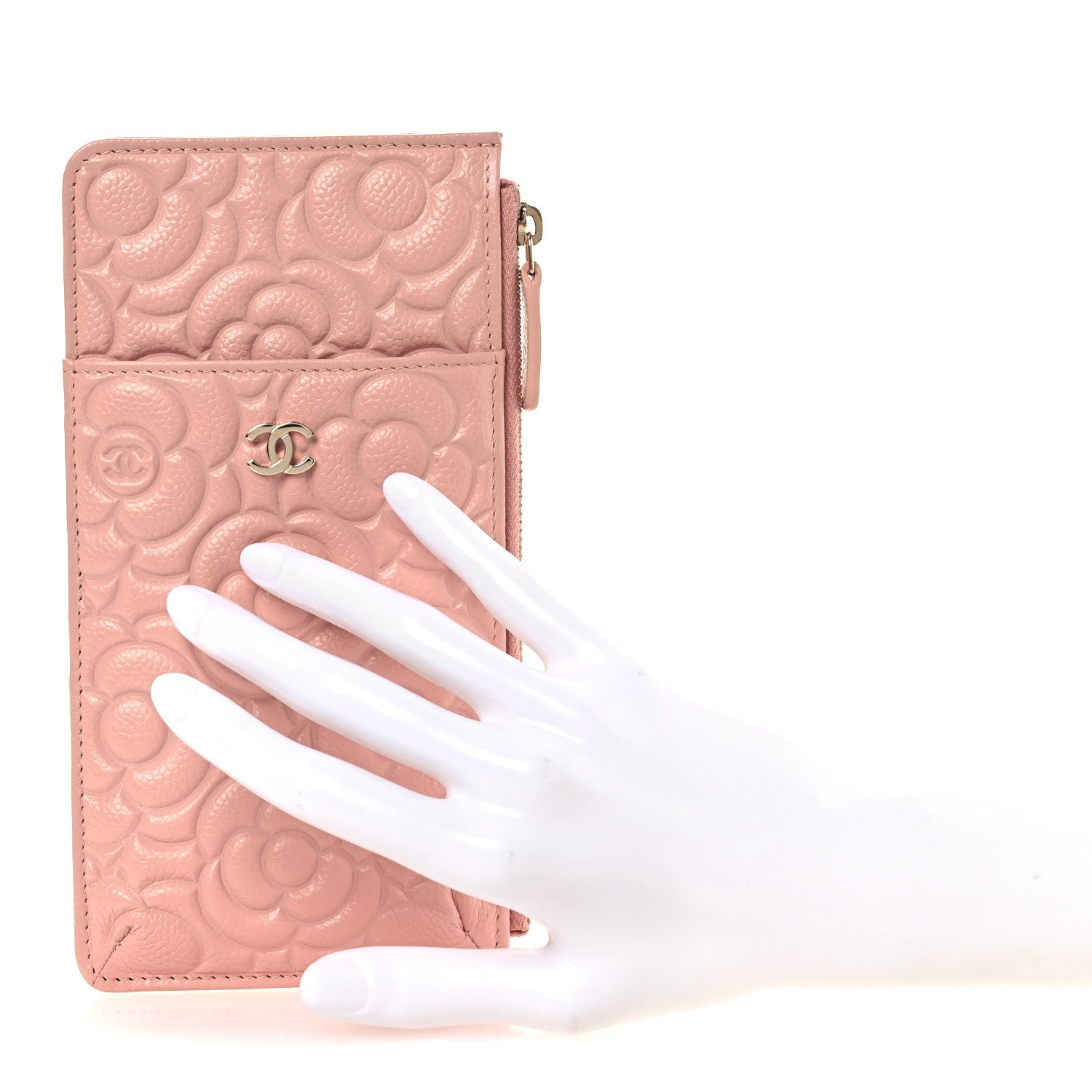 Caviar Camellia Embossed Classic Flat Wallet Pouch Pink
