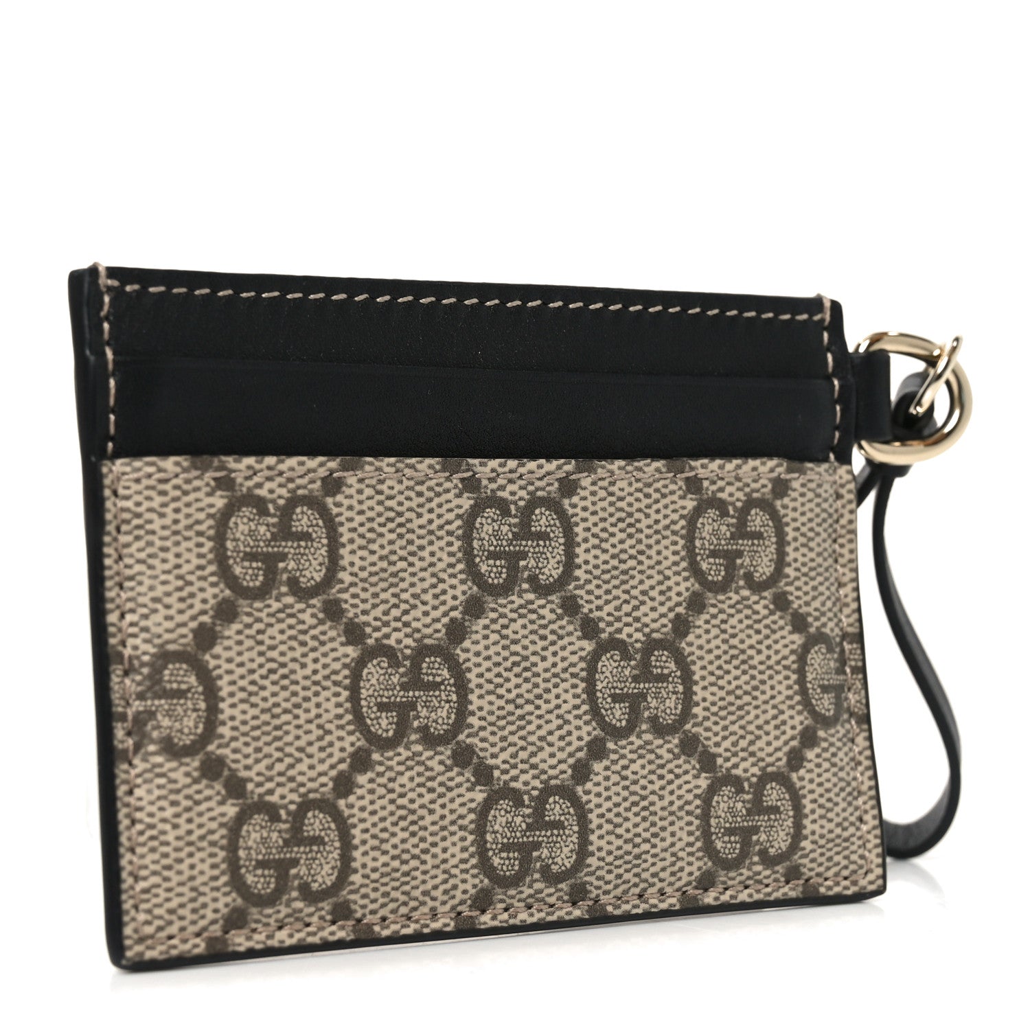 Gucci GG Supreme Monogram Calfskin Emblem Card Holder With Strap Beige Black