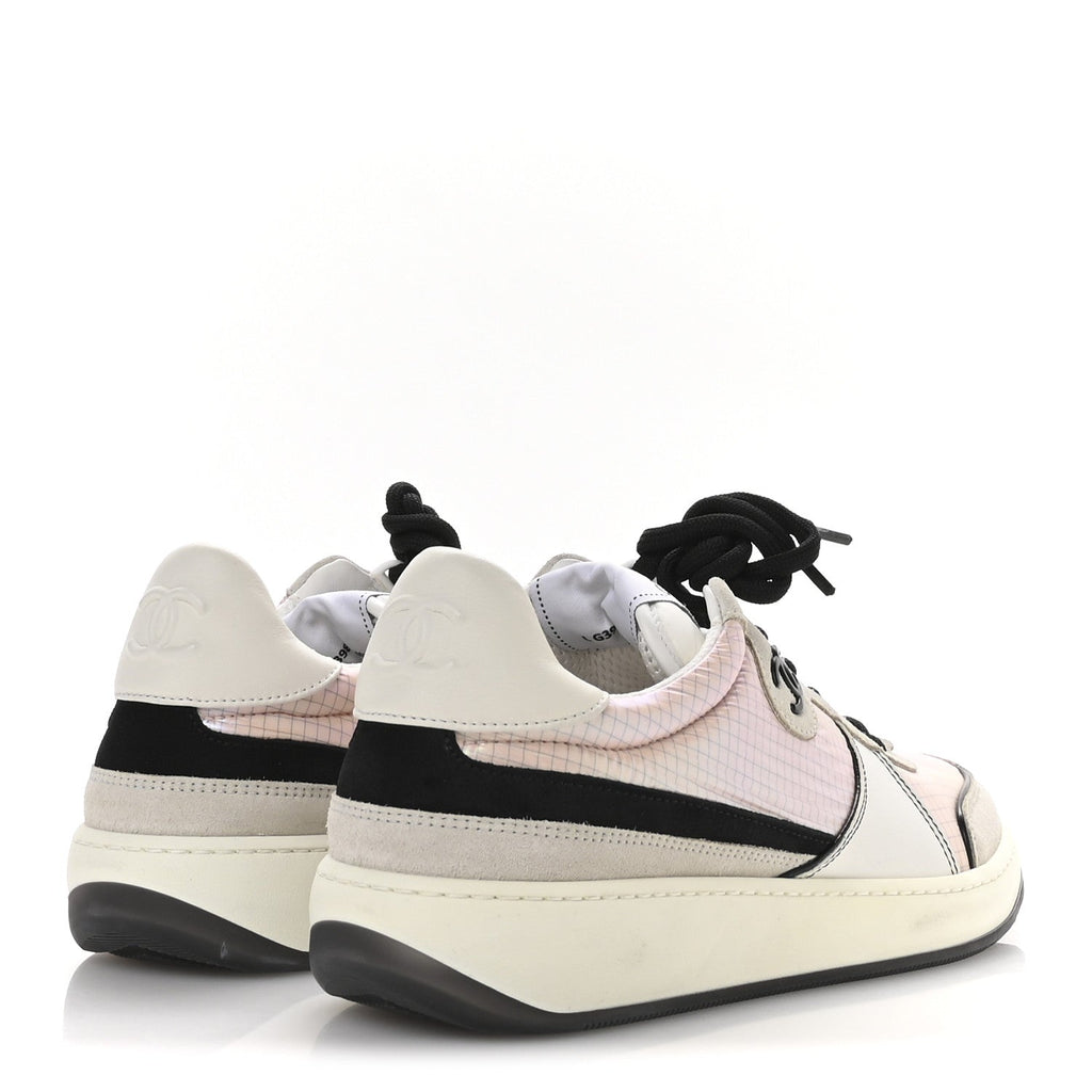 Chanel Suede Fabric Calfskin Womens CC Sneakers 40.5 Pink Grey White