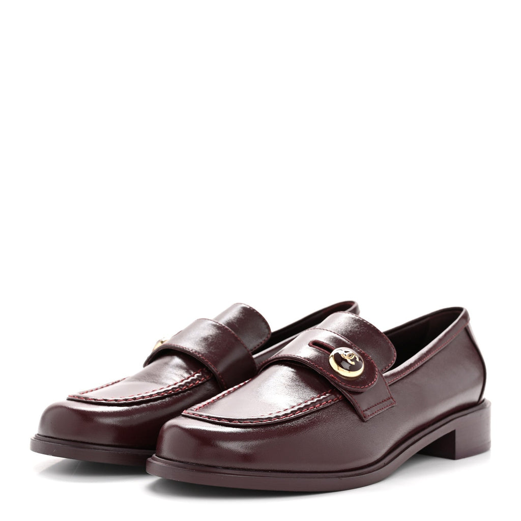 Chanel Shiny Calfskin CC Mocassin Loafers 39 Burgundy