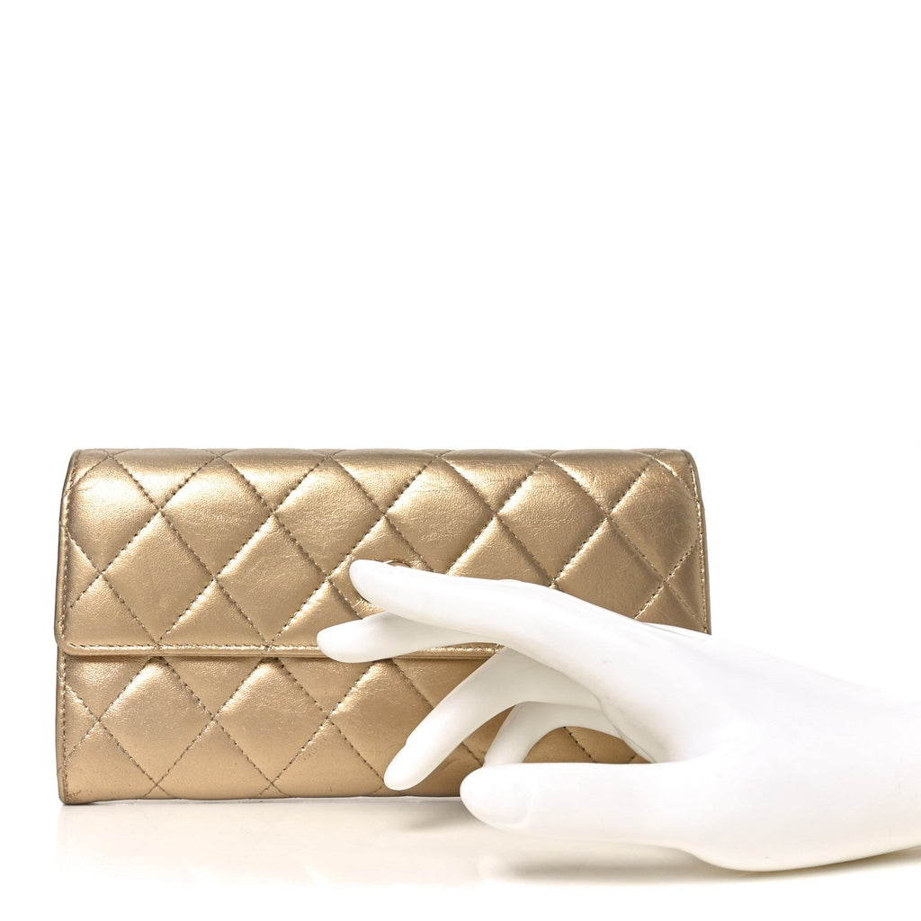 Metallic Lambskin Quilted Large Gusset Flap Wallet Gold
