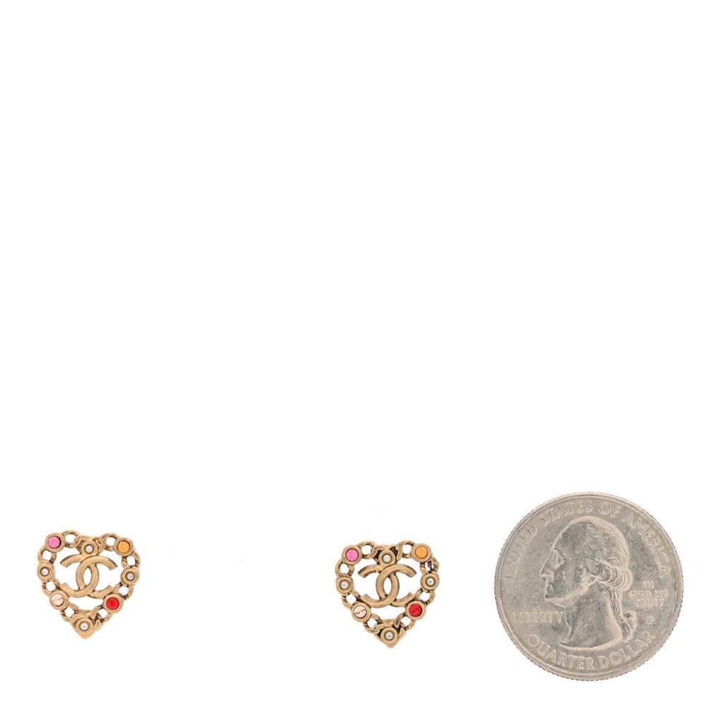 Pearl Crystal CC Heart Earrings Gold Multicolor