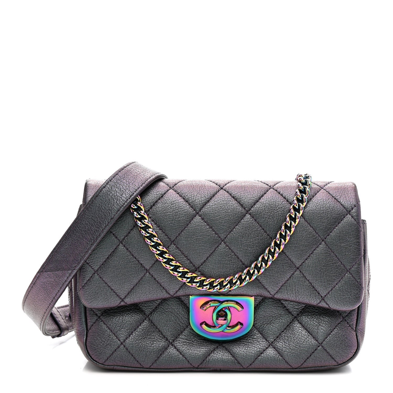 Chanel Iridescent Goatskin Quilted Small Double Carry Waist Chain Flap Purple