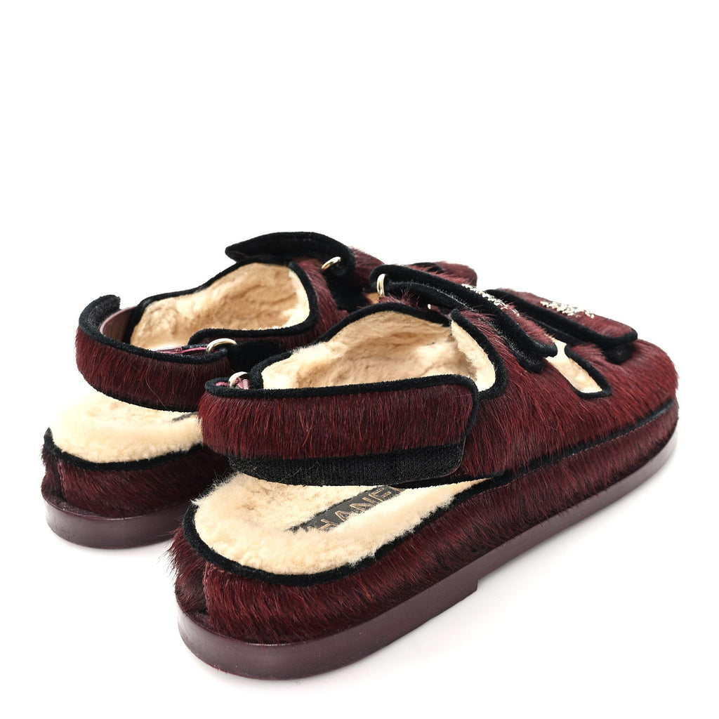 Calf Hair Suede Shearling Dad Sandals 37.5 Burgundy Black