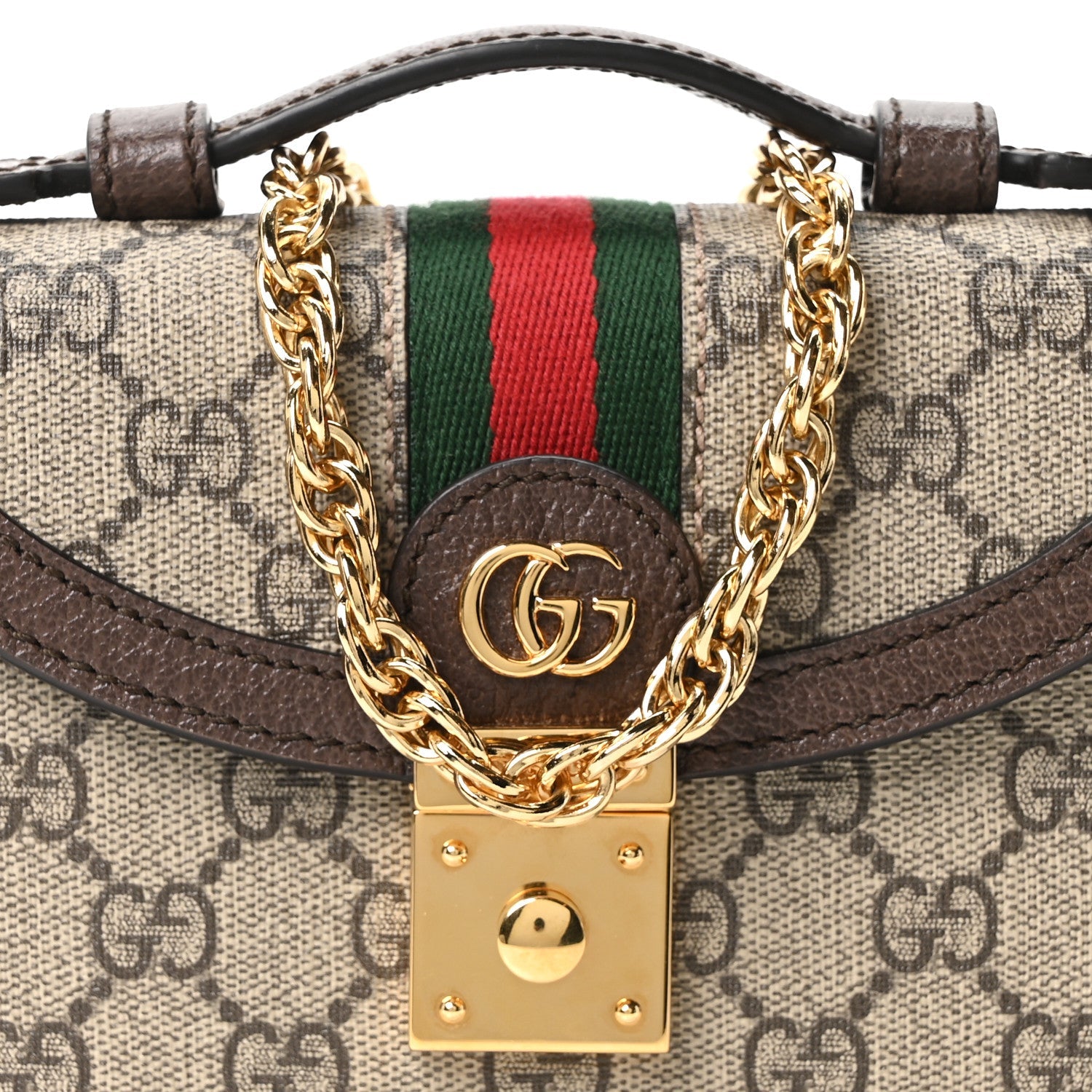 Gucci GG Supreme Monogram Textured Dollar Calfskin Web Mini Ophidia Padlock Top Handle Chain Shoulder Bag Beige Ebony New Acero