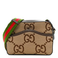 Gucci Monogram Jumbo GG Textured Dollar Calfskin Web Messenger Shoulder Bag Camel Ebony New Acero