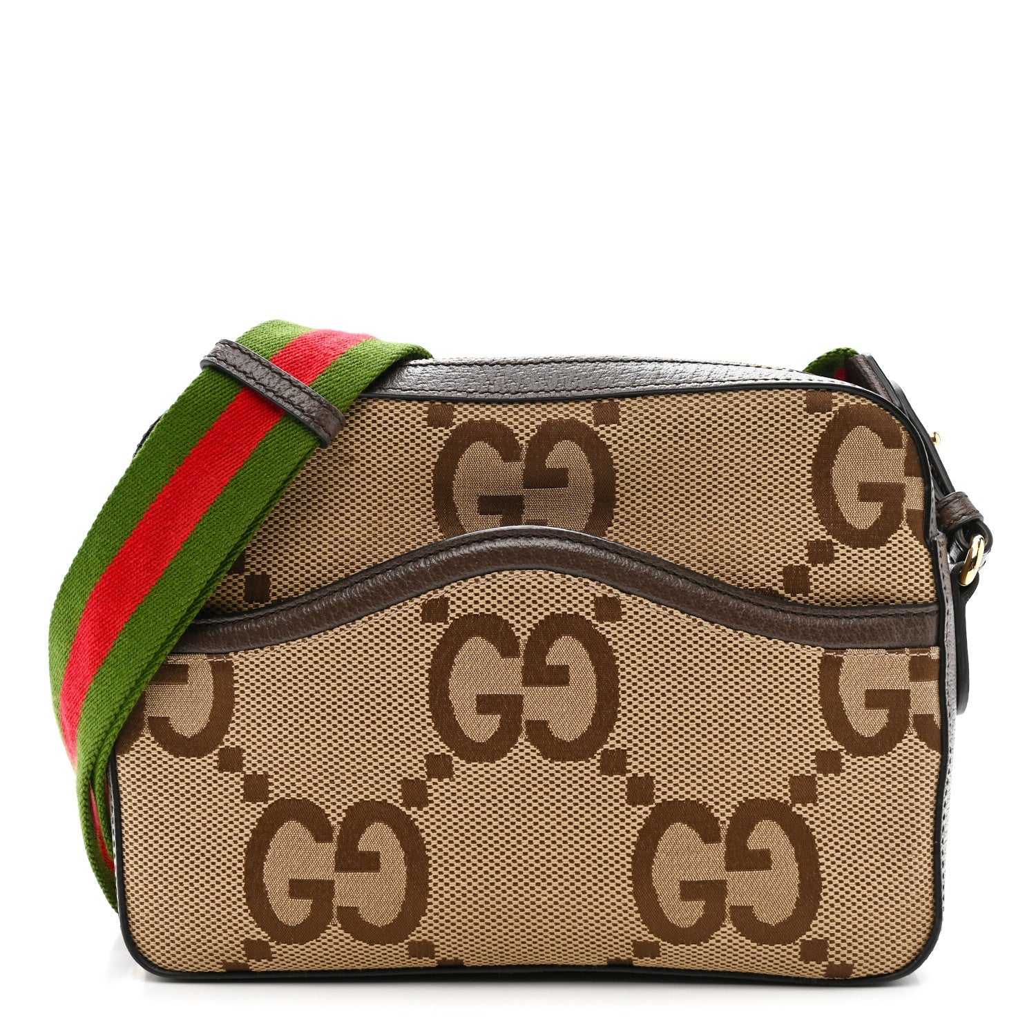 Gucci Monogram Jumbo GG Textured Dollar Calfskin Web Messenger Shoulder Bag Camel Ebony New Acero