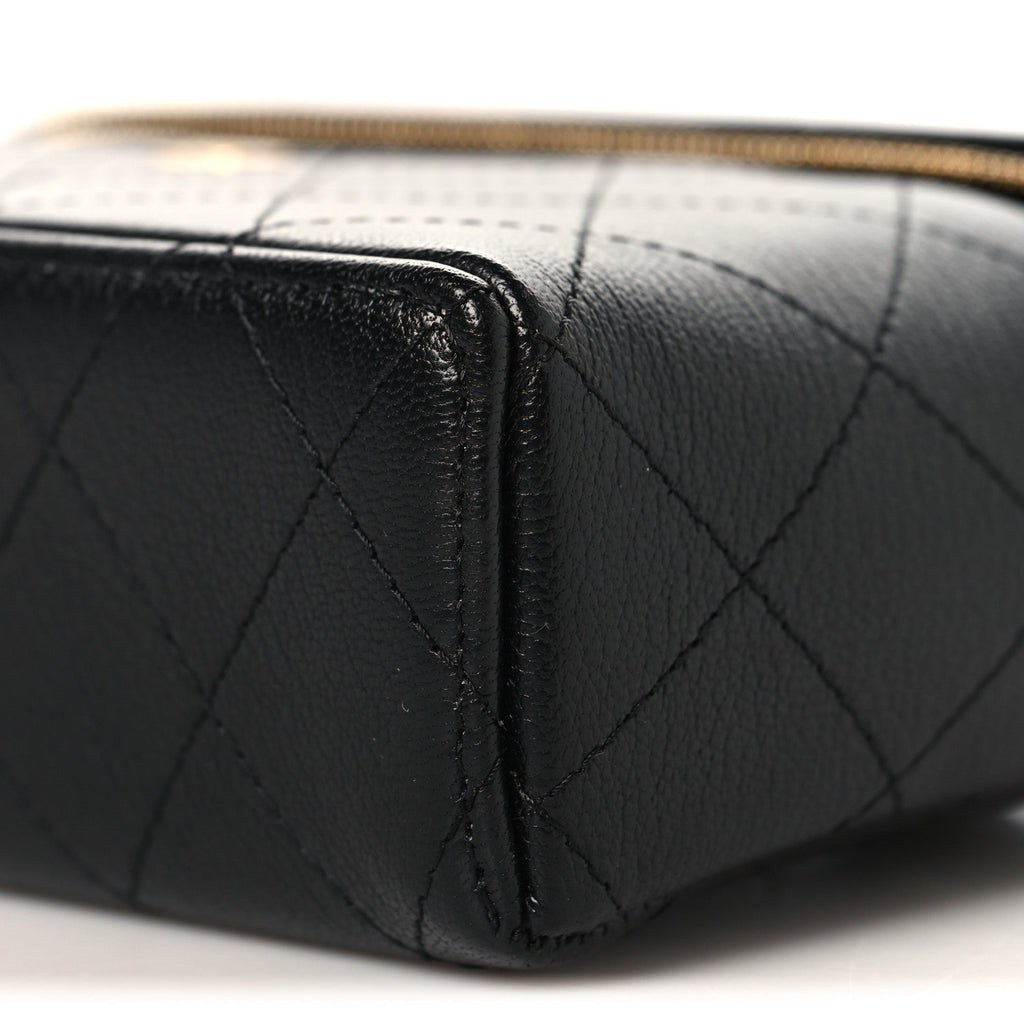 Chanel Goatskin Stitched Top Handle Slim Vanity With Chain Black