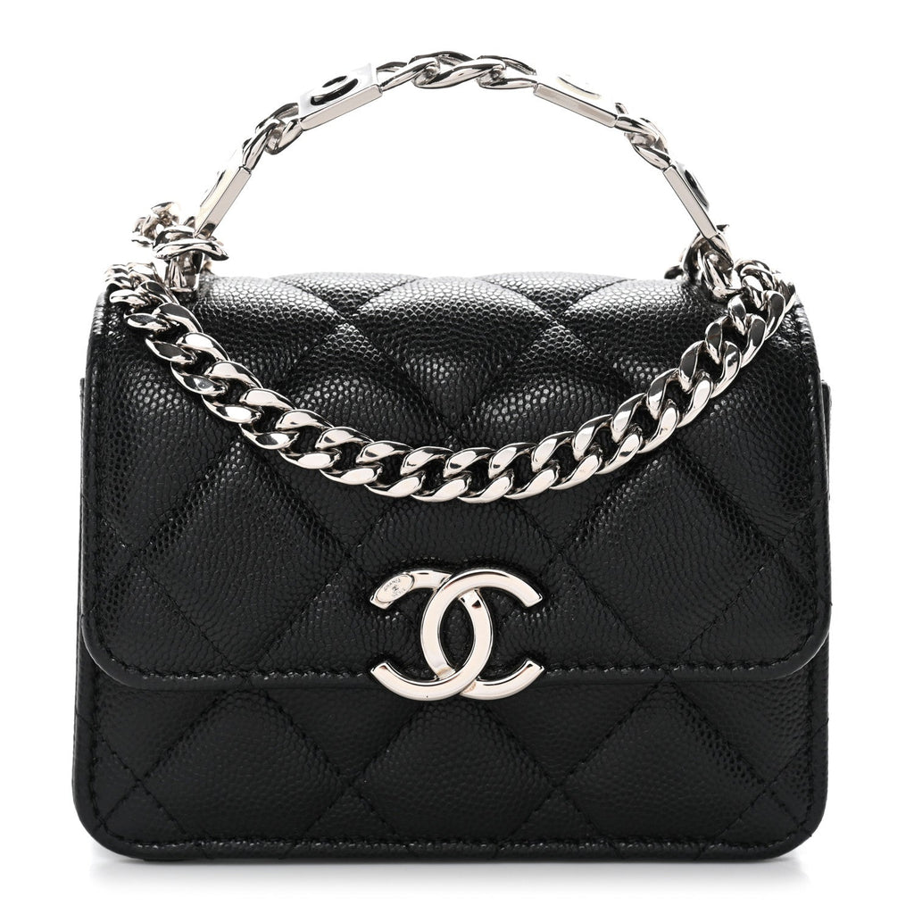 Chanel Caviar Quilted Enamel Top Handle Flap Clutch With Chain Black