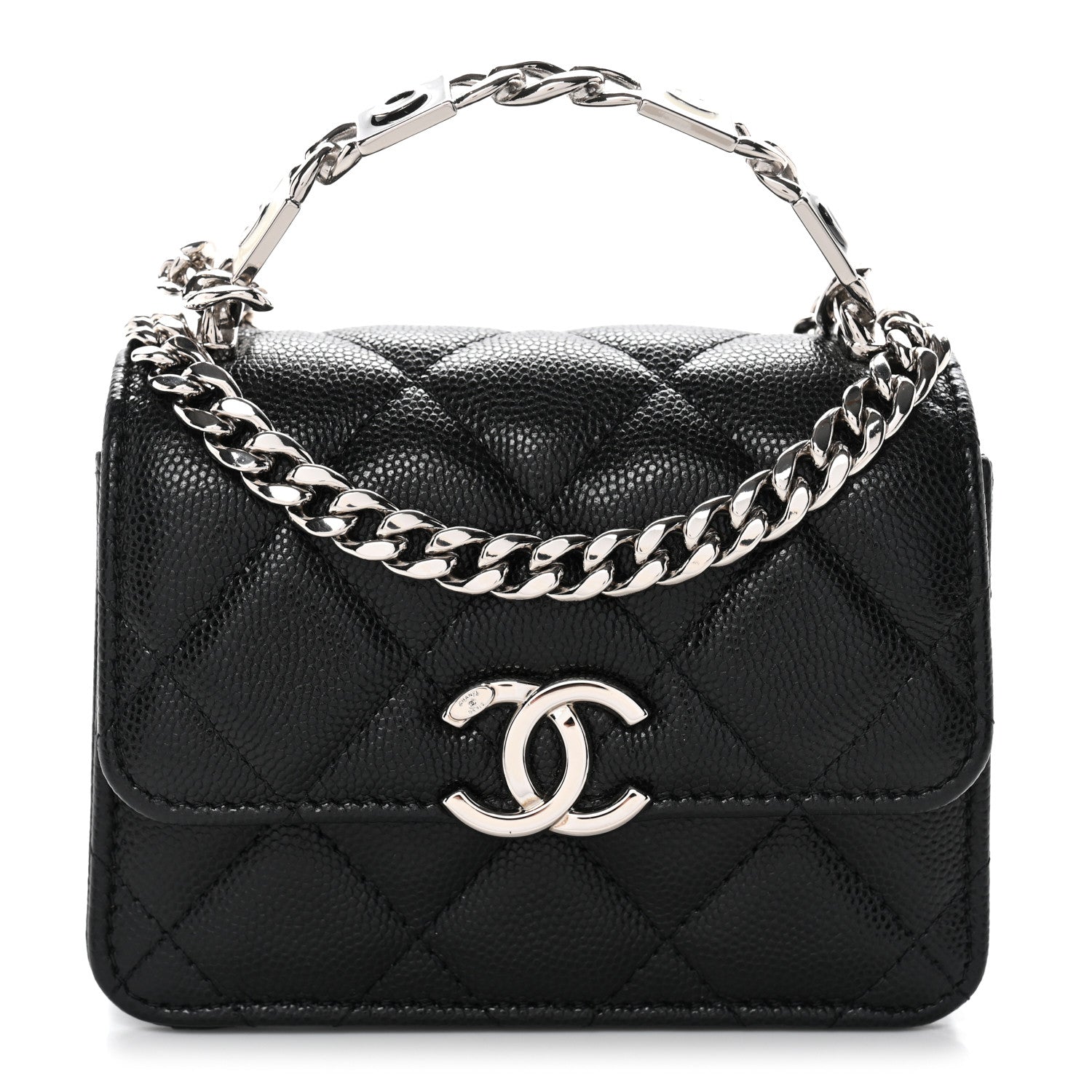 Chanel Caviar Quilted Enamel Top Handle Flap Clutch With Chain Black