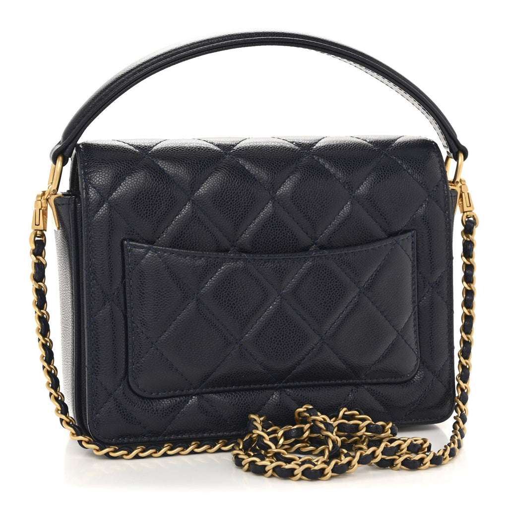 Chanel Shiny Caviar Quilted Mini Top Handle Flap Navy Blue