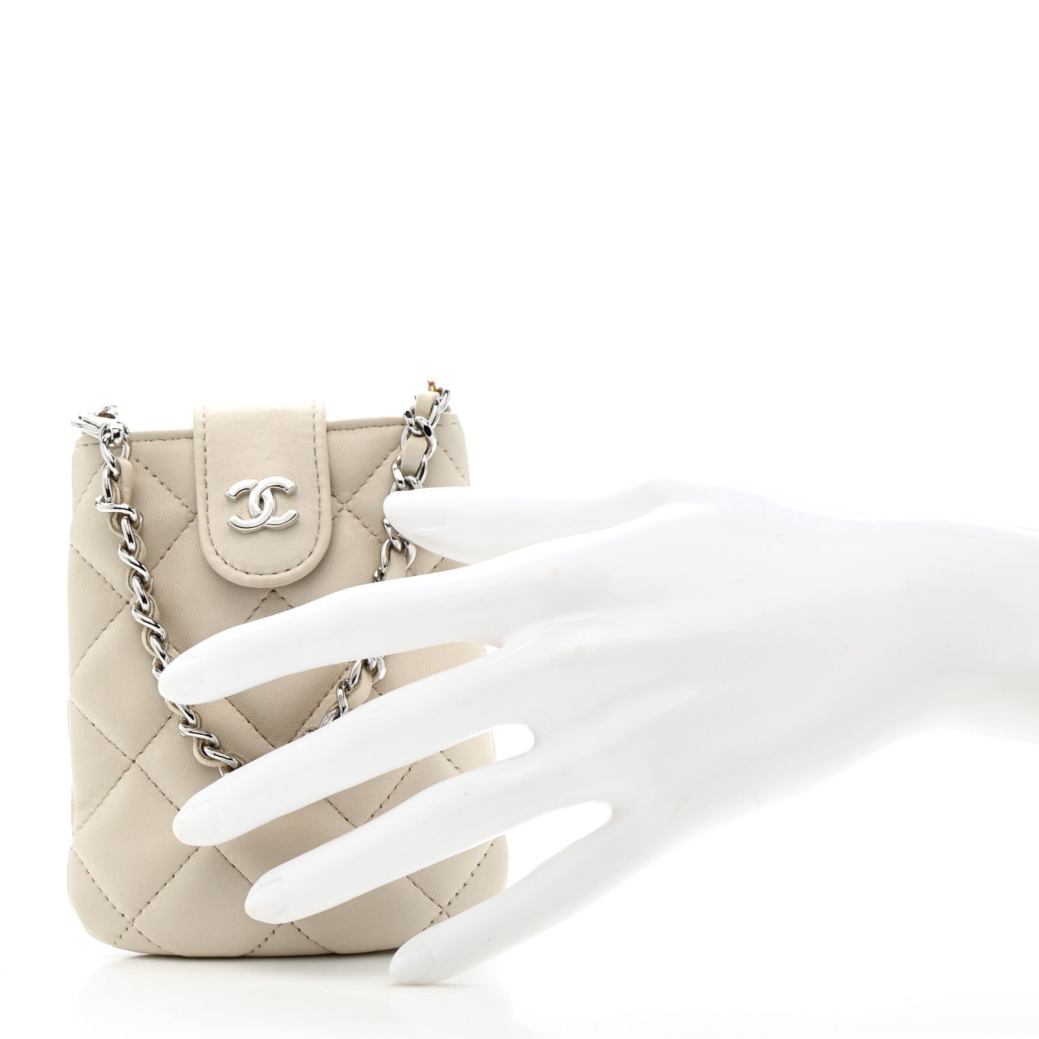 Chanel Lambskin Quilted Phone Holder On Chain White