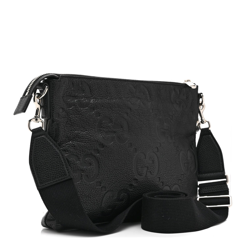 Gucci Piuma Calfskin Jumbo GG Embossed Medium Wristlet Messenger Bag Black