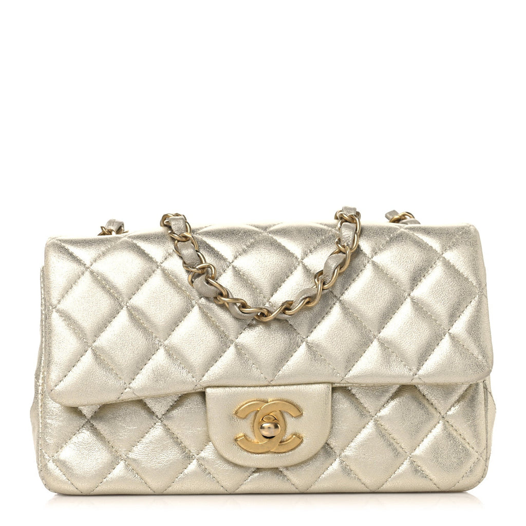 Chanel Metallic Lambskin Quilted Mini Rectangular Flap Gold