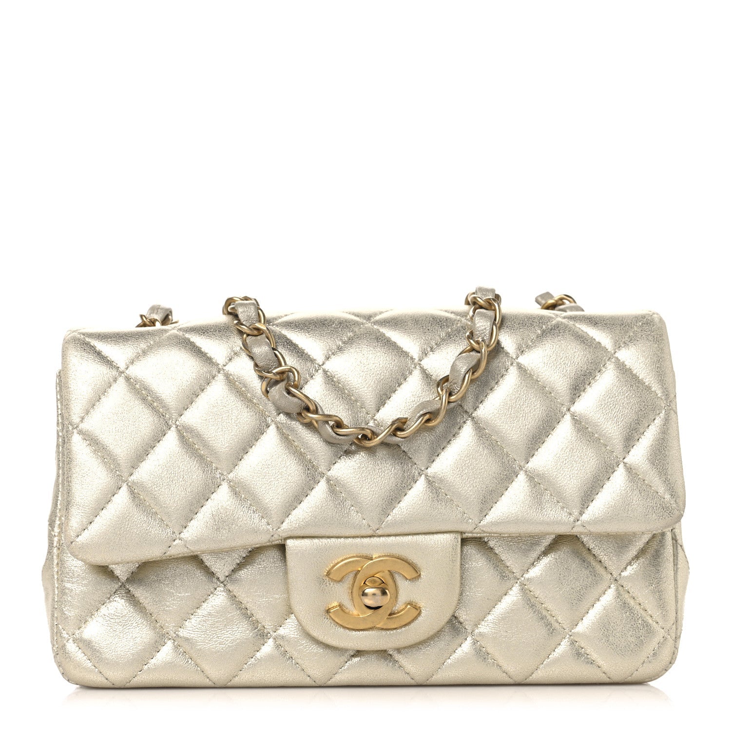 Chanel Metallic Lambskin Quilted Mini Rectangular Flap Gold