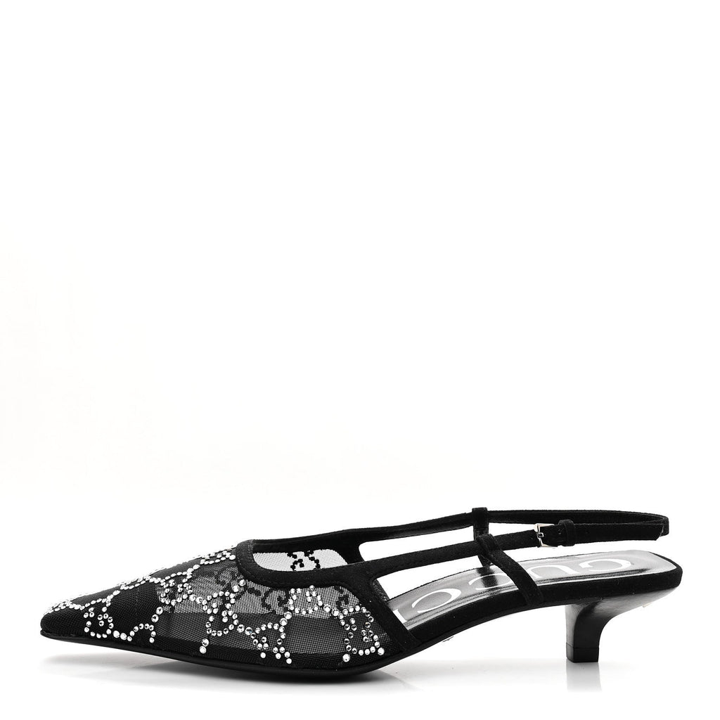Gucci Tela Retino Kid Scamosciato Crystal GG Monogram Square G 35mm Slingback Pumps 35.5 Black