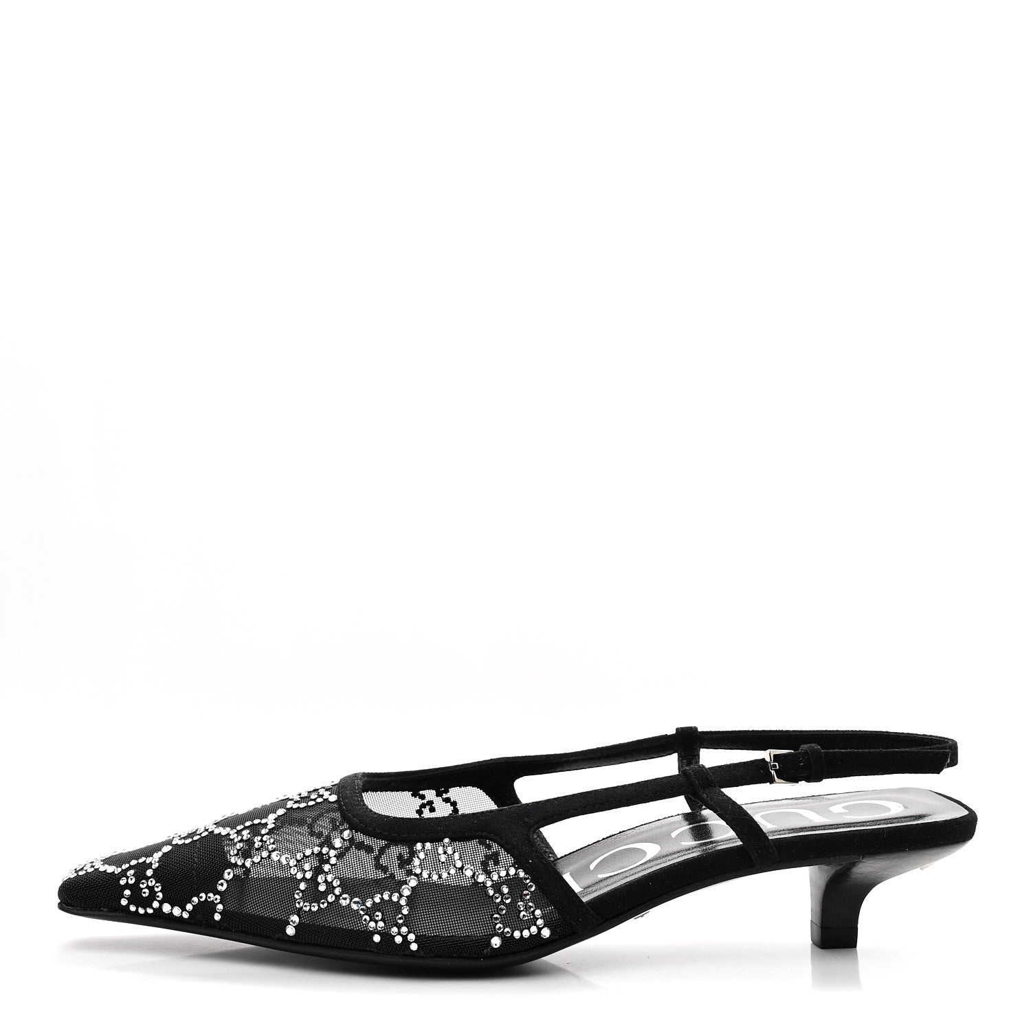 Gucci Tela Retino Kid Scamosciato Crystal GG Monogram Square G 35mm Slingback Pumps 35.5 Black