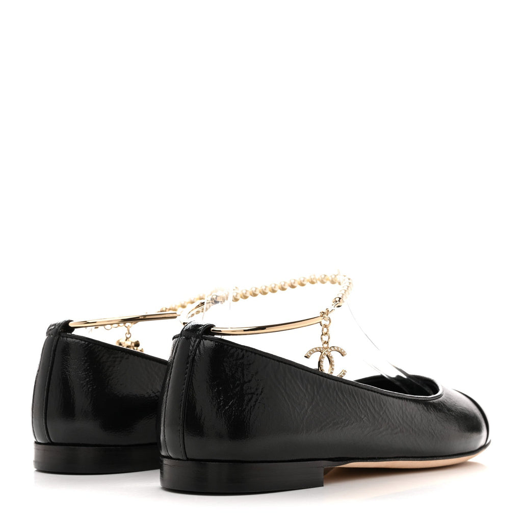 Chanel Shiny Lambskin Pearl Cap Toe Ankle Chain Ballerina Flats 39 Black