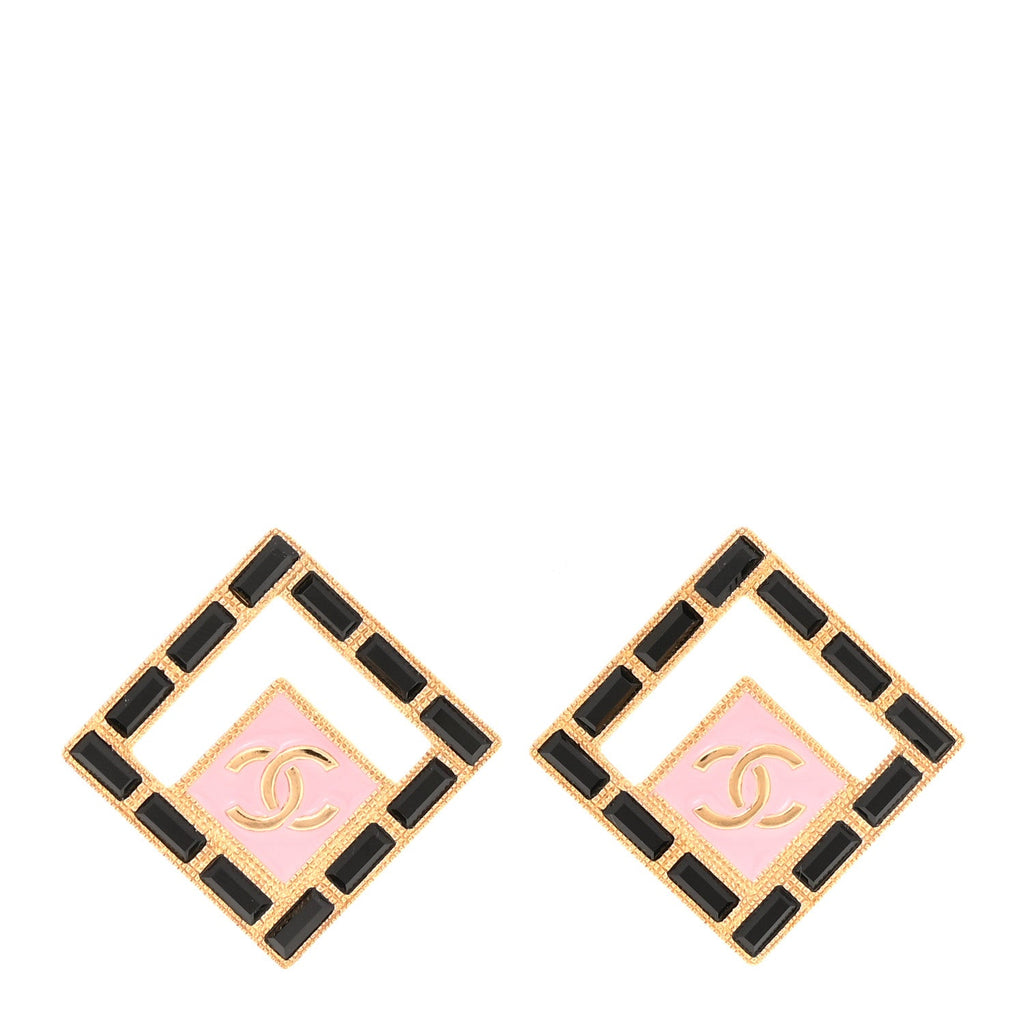 Metal Resin Crystal CC Large Square Earrings Gold Black Pink