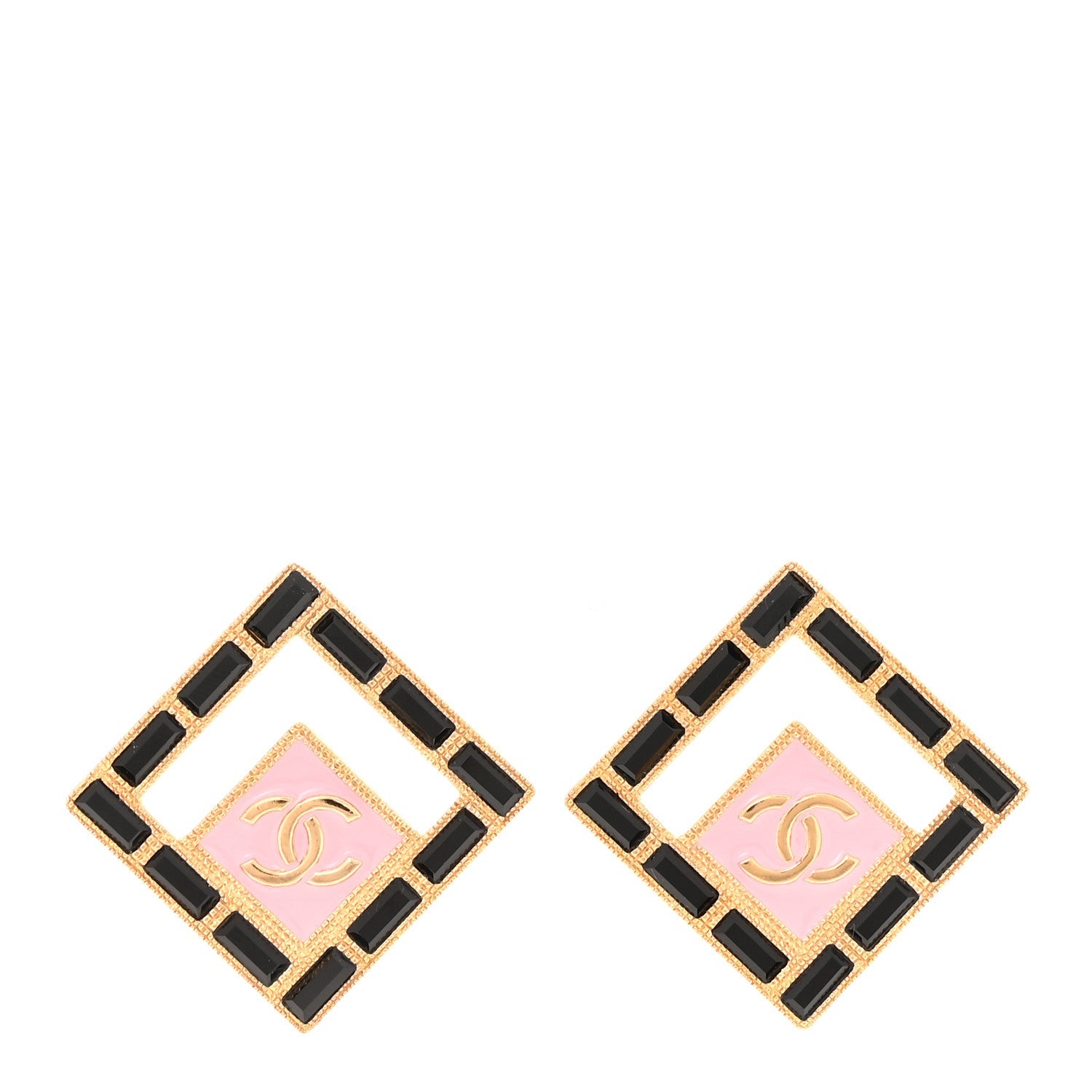 Metal Resin Crystal CC Large Square Earrings Gold Black Pink