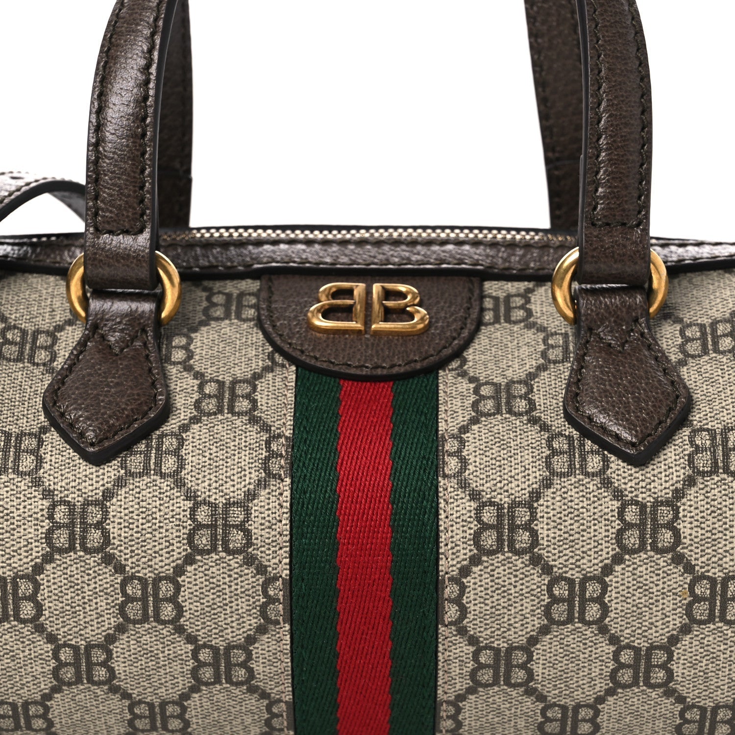 Gucci X BALENCIAGA BB Supreme Monogram Web Small Ophidia Boston Bag Beige New Acero