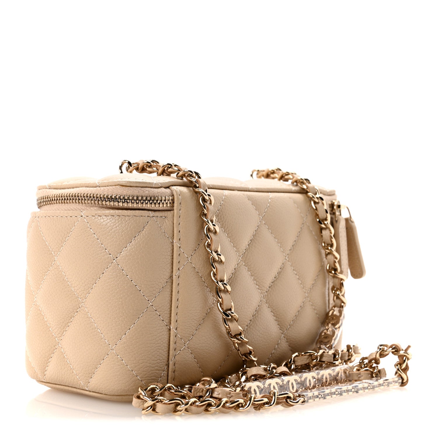 Chanel Caviar Quilted Small Tiny CC Vanity Case With Chain Beige