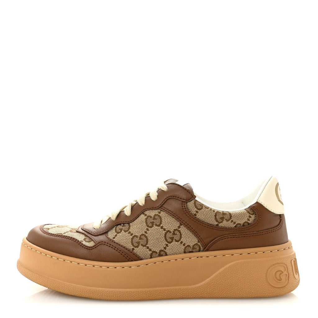 Gucci Calfskin GG Monogram Womens Platform 55mm Sneakers 38.5 Hezelnut Beige Ebony Mystic White