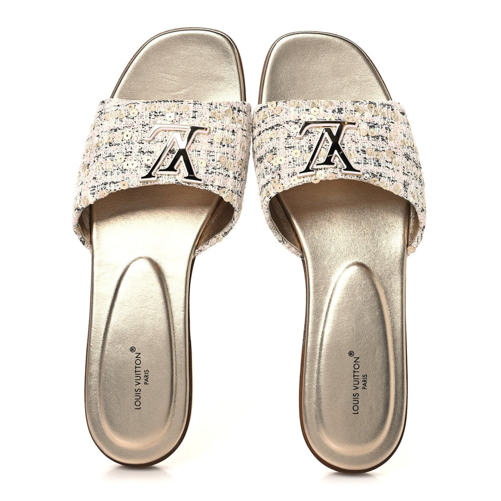 Louis Vuitton Tweed Sequin LV Mare Flat Mule Sandals 39 Light Gold