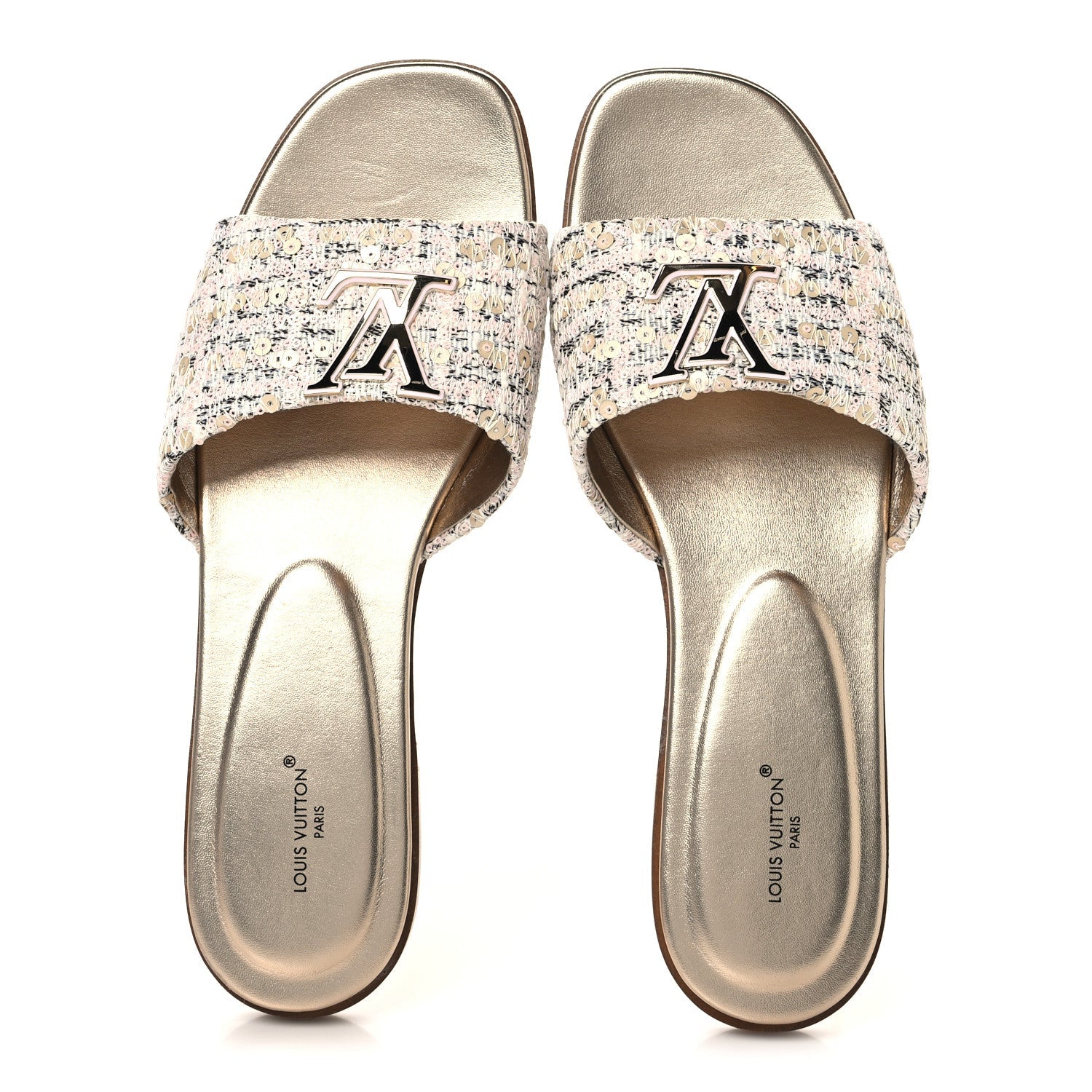 Louis Vuitton Tweed Sequin LV Mare Flat Mule Sandals 39 Light Gold