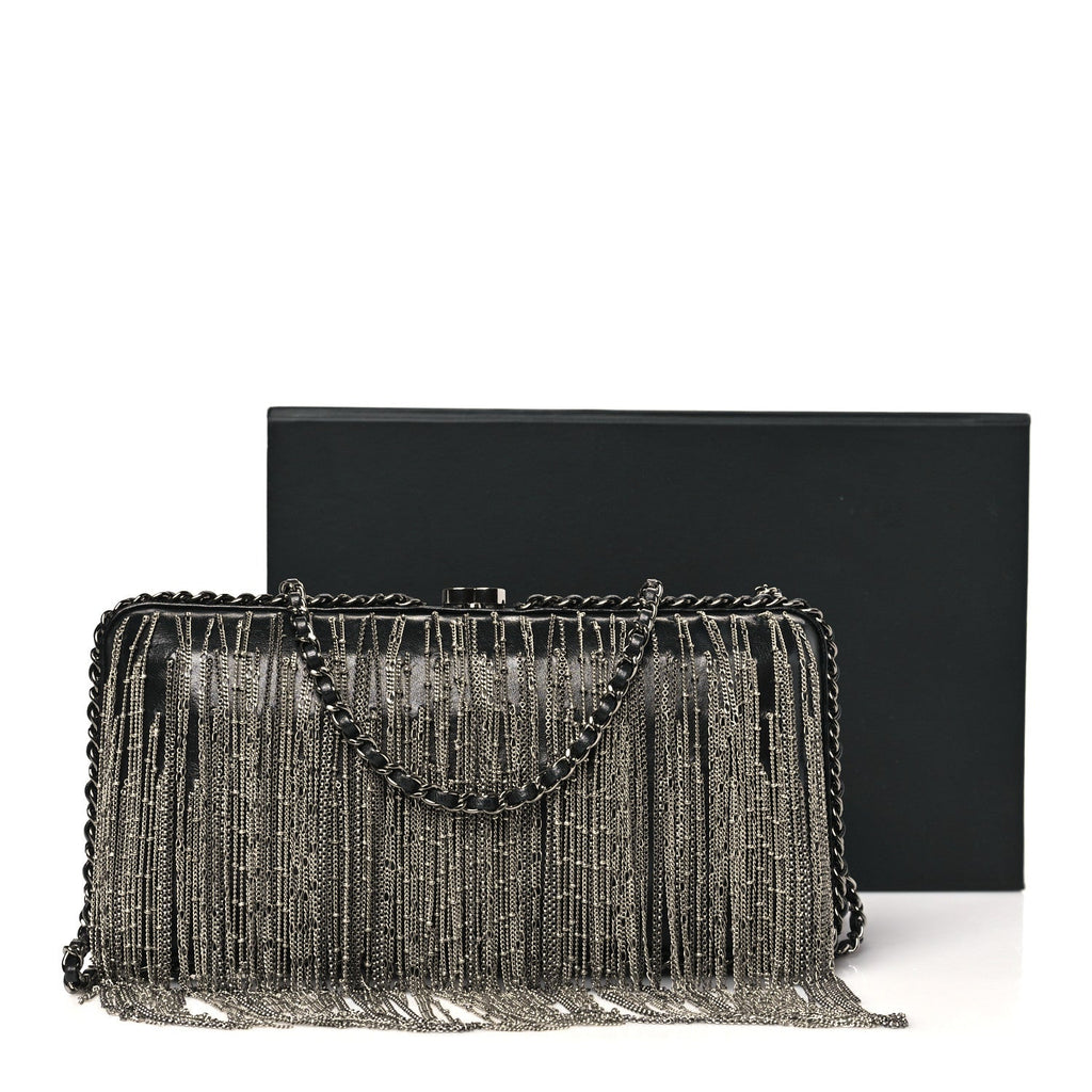 Chanel Lambskin Chain Fringe Clutch With Chain  Black