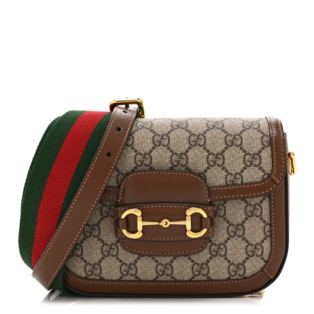 Gucci GG Supreme Monogram Web Mini Horsebit 1955 Shoulder Bag Beige Brown Sugar