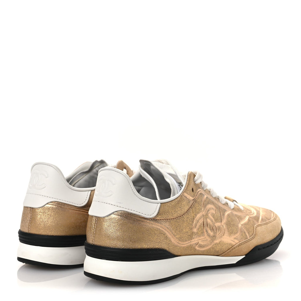 Laminated Calfskin Suede Quilted Womens CC Sneakers 39 Gold