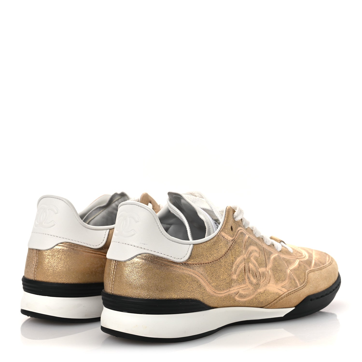 Laminated Calfskin Suede Quilted Womens CC Sneakers 39 Gold