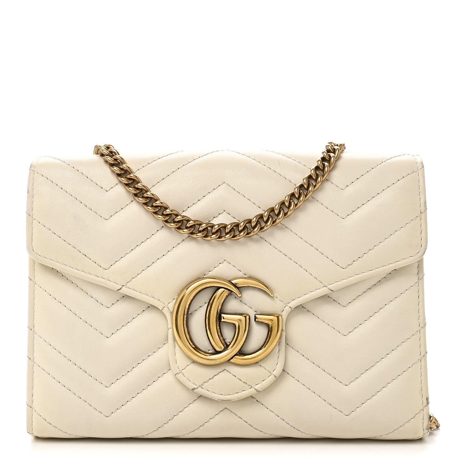Gucci Calfskin Matelasse GG Marmont Chain Wallet Mystic White
