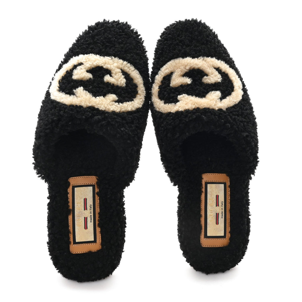 Gucci Faux Shearling Interlocking G Womens Eileen Slippers 36.5 Butterscotch Black