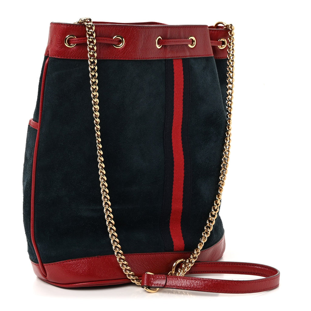 Gucci Suede Calfskin Web Medium Rajah Bucket Bag New Blue Romantic Cherry