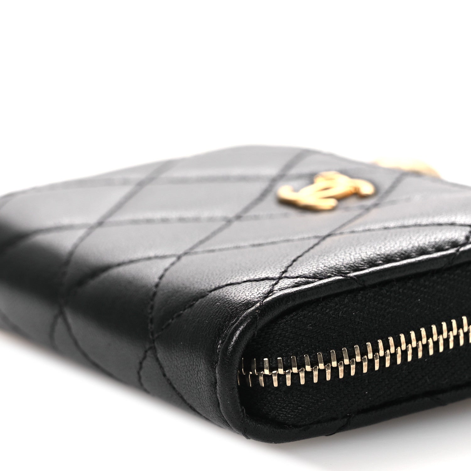 Chanel Lambskin Quilted CC Pearl Crush Zip Card Holder On Chain Black