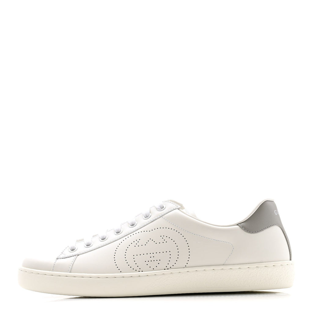 Gucci Calfskin Interlocking G Perforated Mens Ace Sneakers 8 White Grey Sky