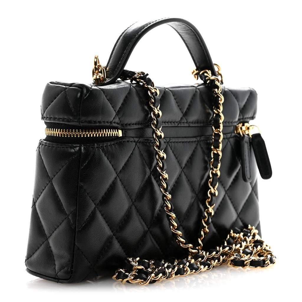 Lambskin Quilted Crystal Ridged CC Top Handle Slim Vanity Case With Chain Black