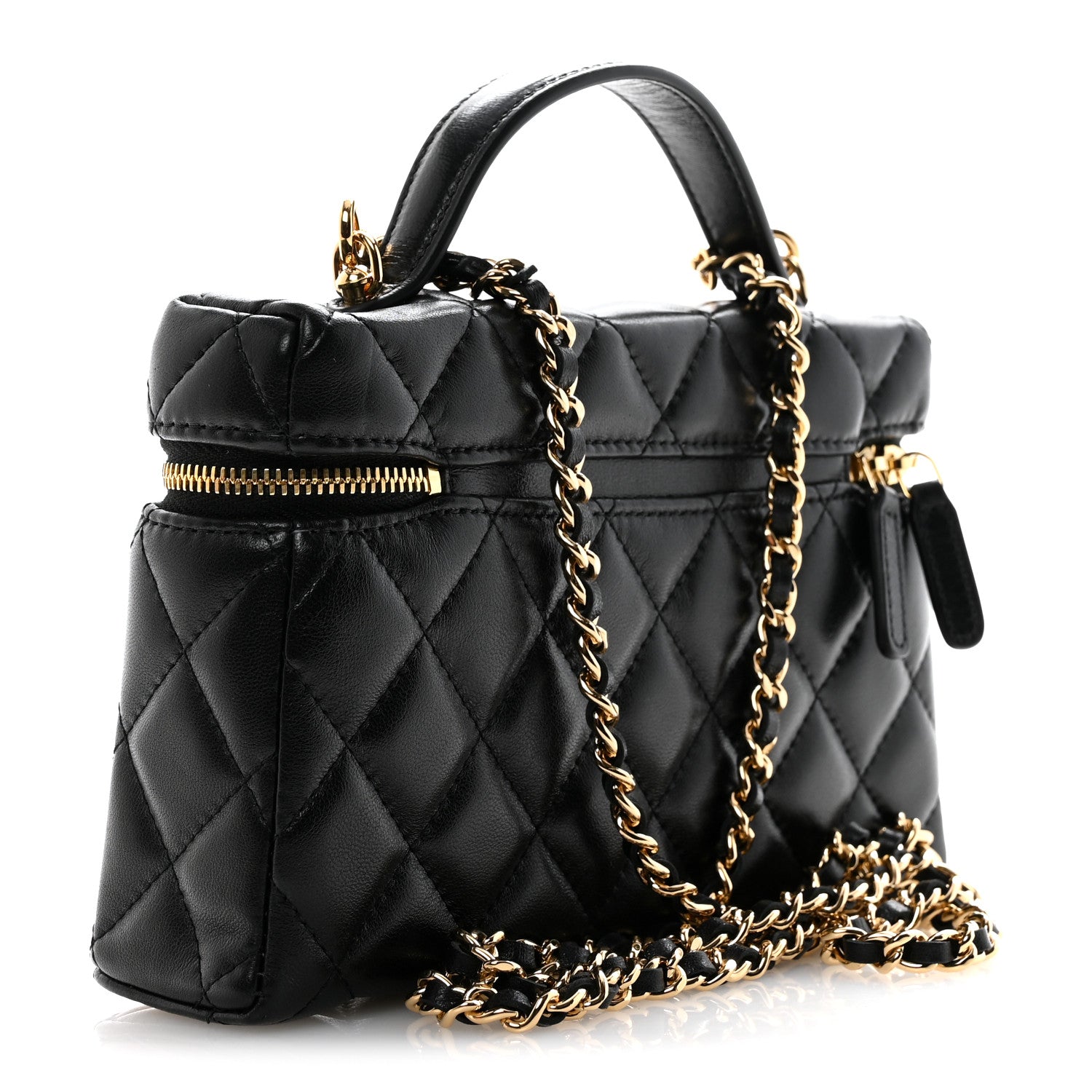 Lambskin Quilted Crystal Ridged CC Top Handle Slim Vanity Case With Chain Black