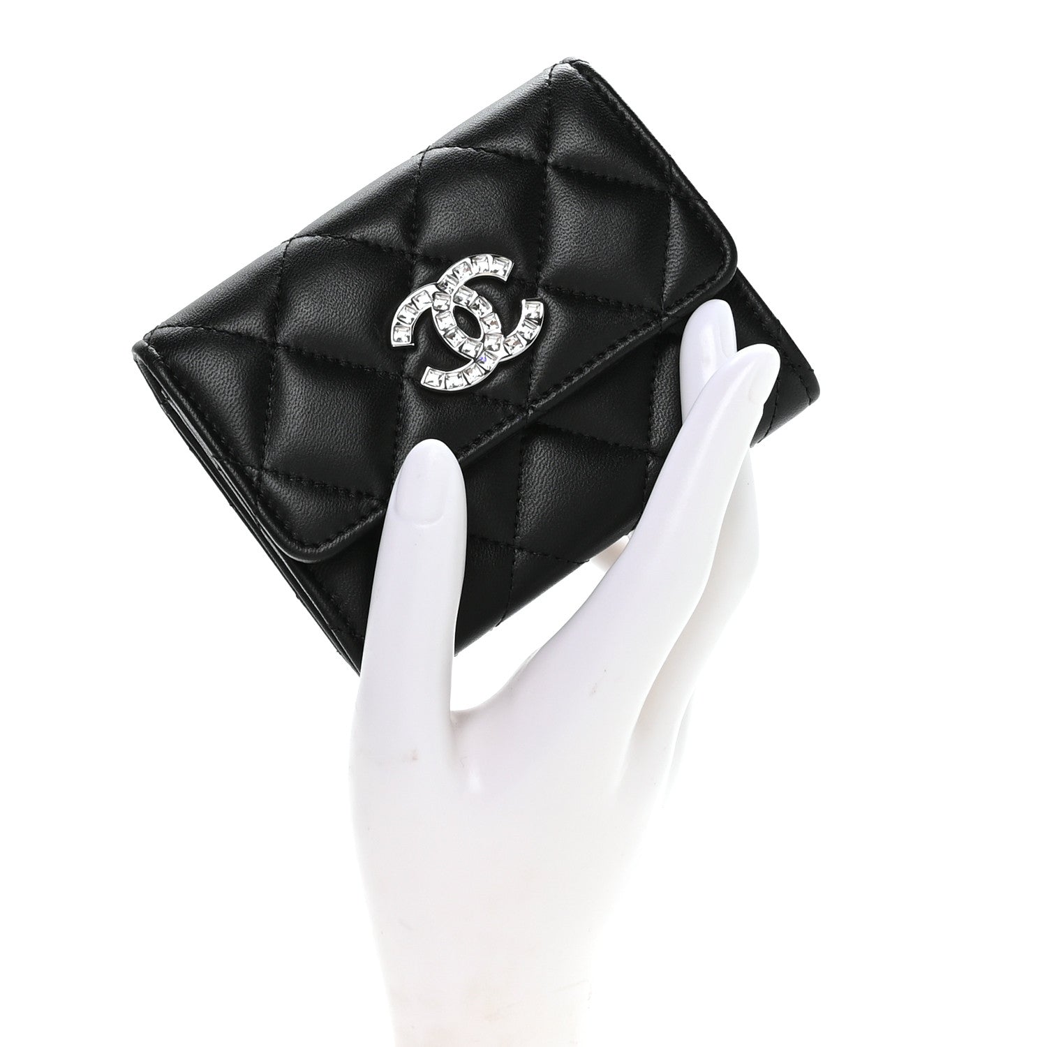 Lambskin Quilted Flap Baguette Crystal Card Holder Wallet Black