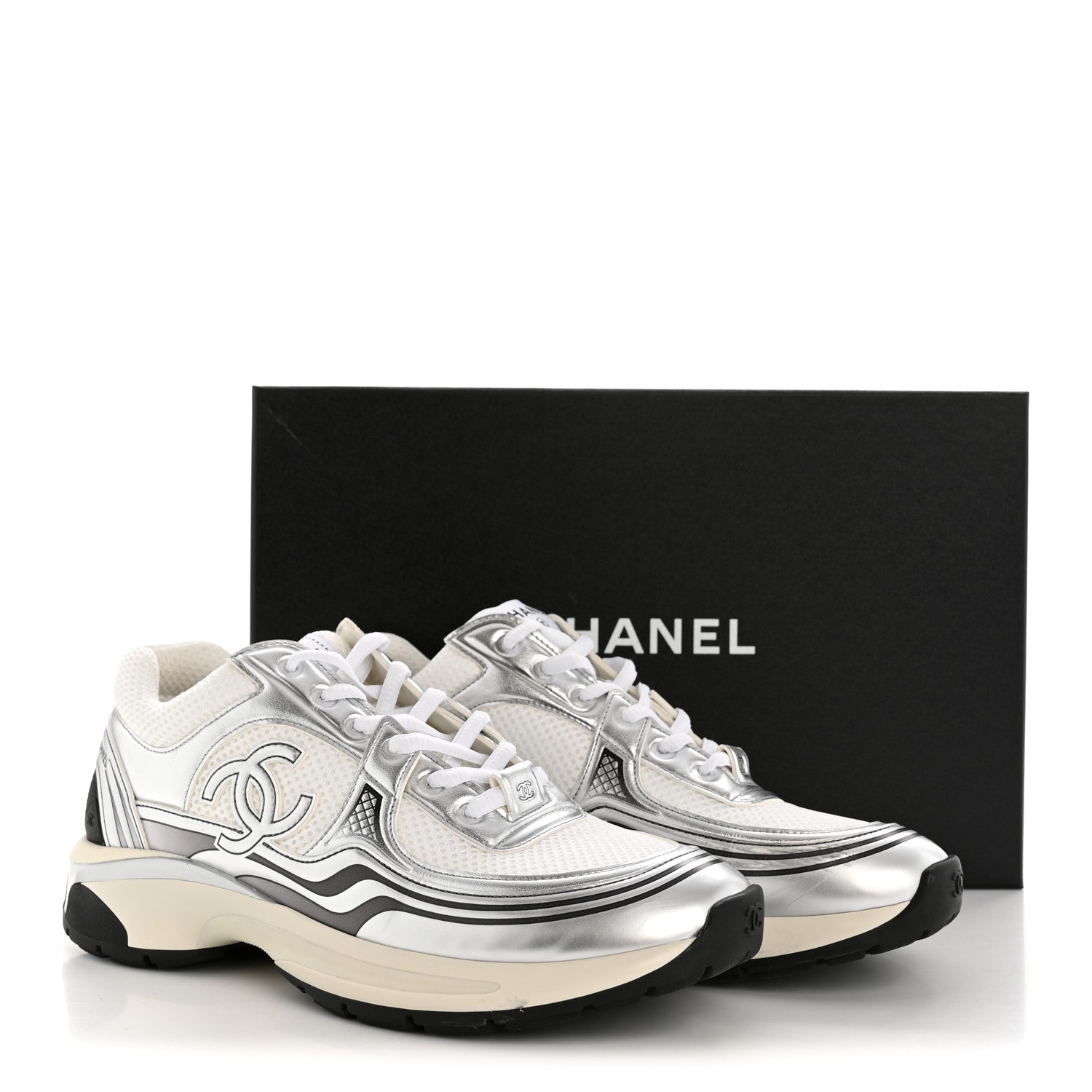 Fabric Laminated Calfskin Stretch CC Womens Sneakers 39.5 White Silver