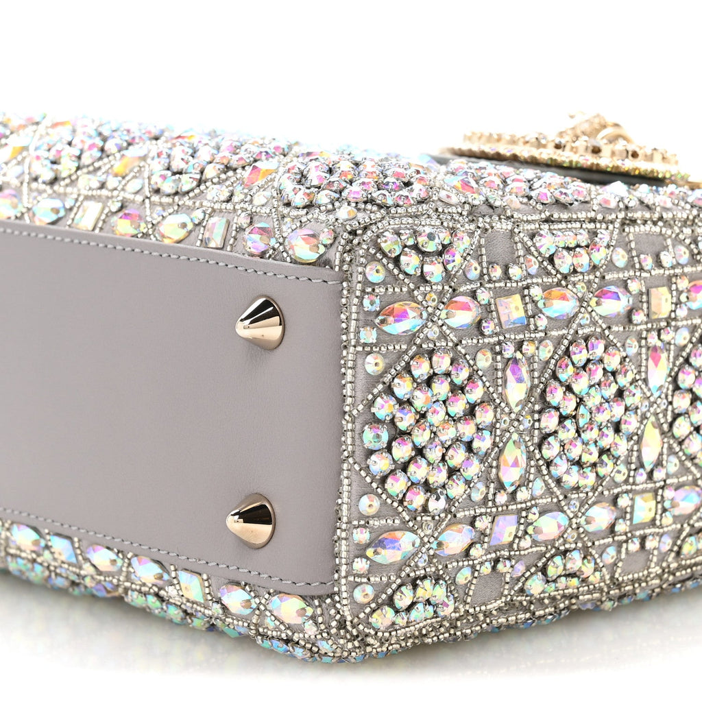 Christian Dior Calfskin Satin Celestial Bead Embroidery Embroidered Small Lady Dior Grey Multicolor