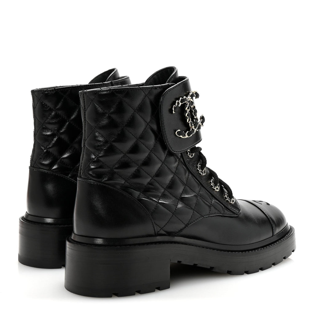 Chanel Shiny Lambskin Quilted Lace Up Combat Boots 39 Black