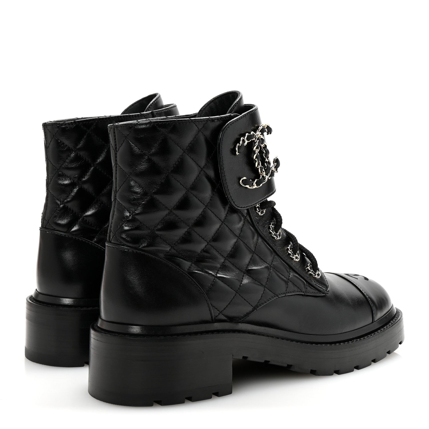 Chanel Shiny Lambskin Quilted Lace Up Combat Boots 39 Black