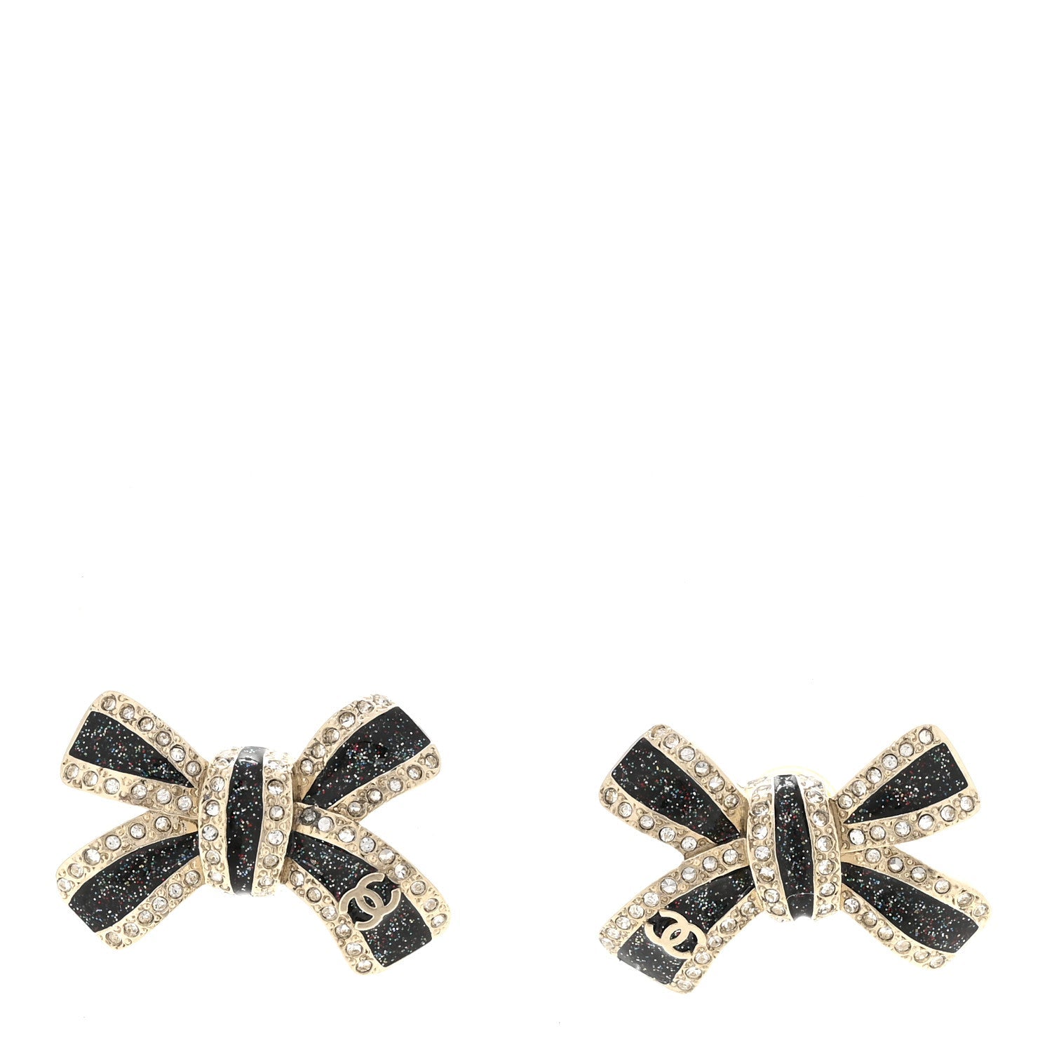 Glitter Enamel Crystal Bow Stud Earrings Black Gold